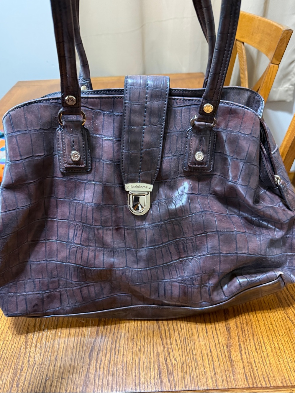 Liz Claiborne Dark Brown Croc-Embossed Tote with Turn-Lock